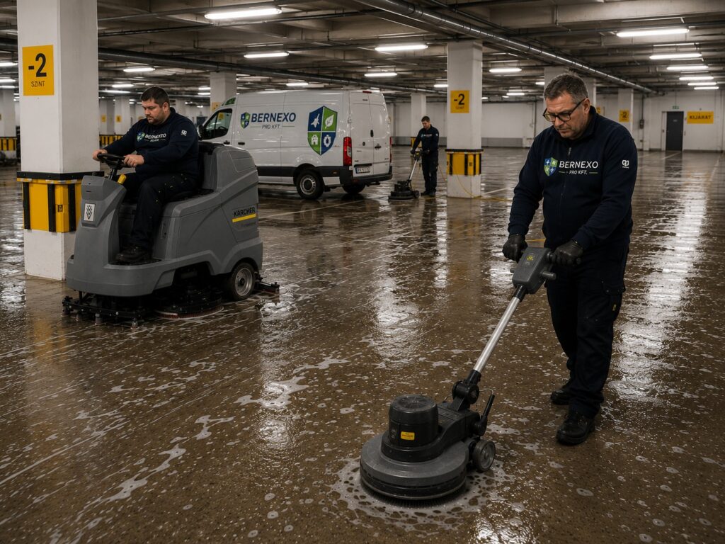 Mélygarázs takarítás gépi padlótisztítással parkolóházban