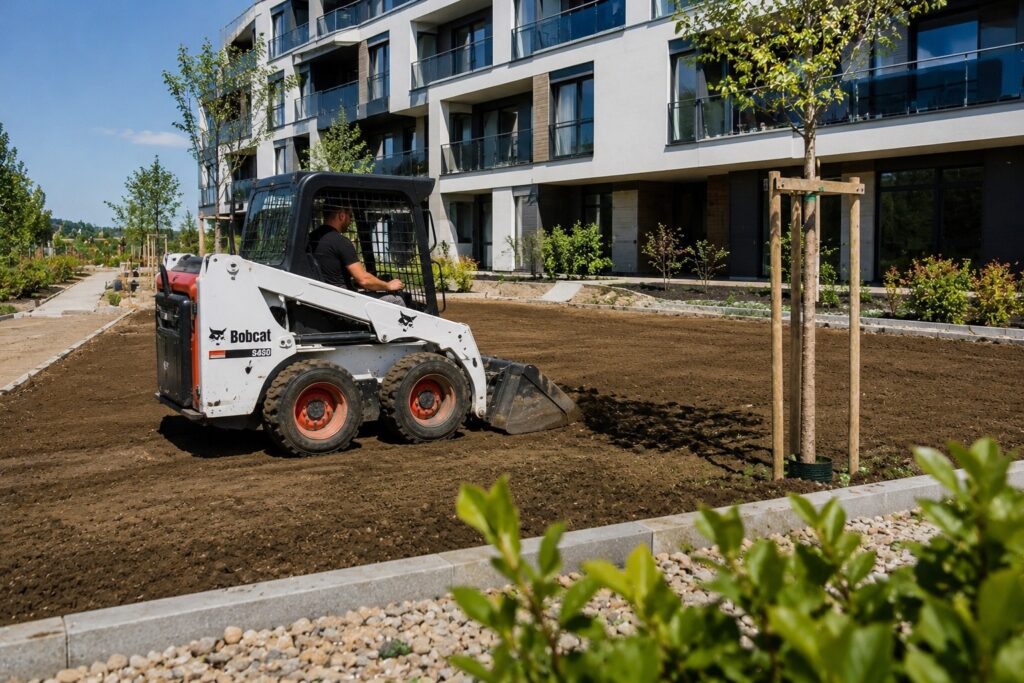 Bobcat gépi területrendezés és földmunka kertépítés előtt Budapest területén