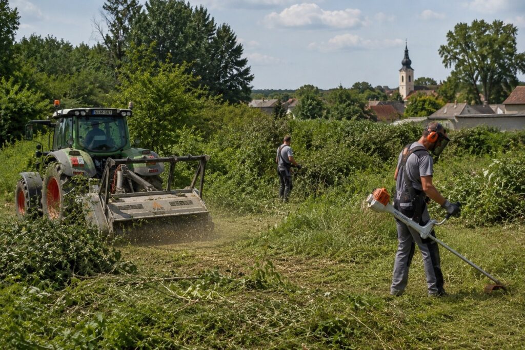 Bozótirtás, fűkaszálás és területrendezés nagyobb zöldterületeken modern gépekkel