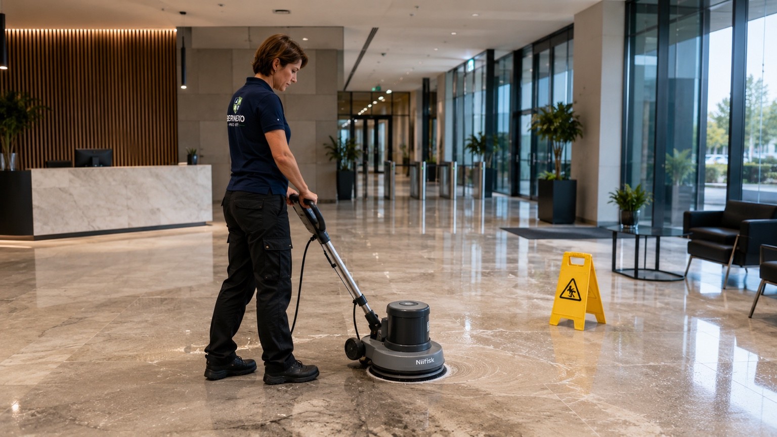 Nilfisk egytárcsás súrológéppel végzett padlómélytisztítás