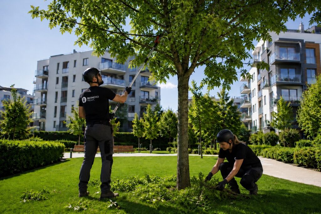 Faápolási munkák során végzett koronaalakítás és ágeltávolítás lakópark zöldterületén.