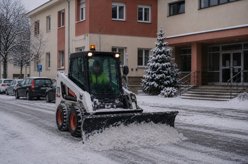 Gépi hóeltakarítás munkagéppel intézmény előtt Budapesten