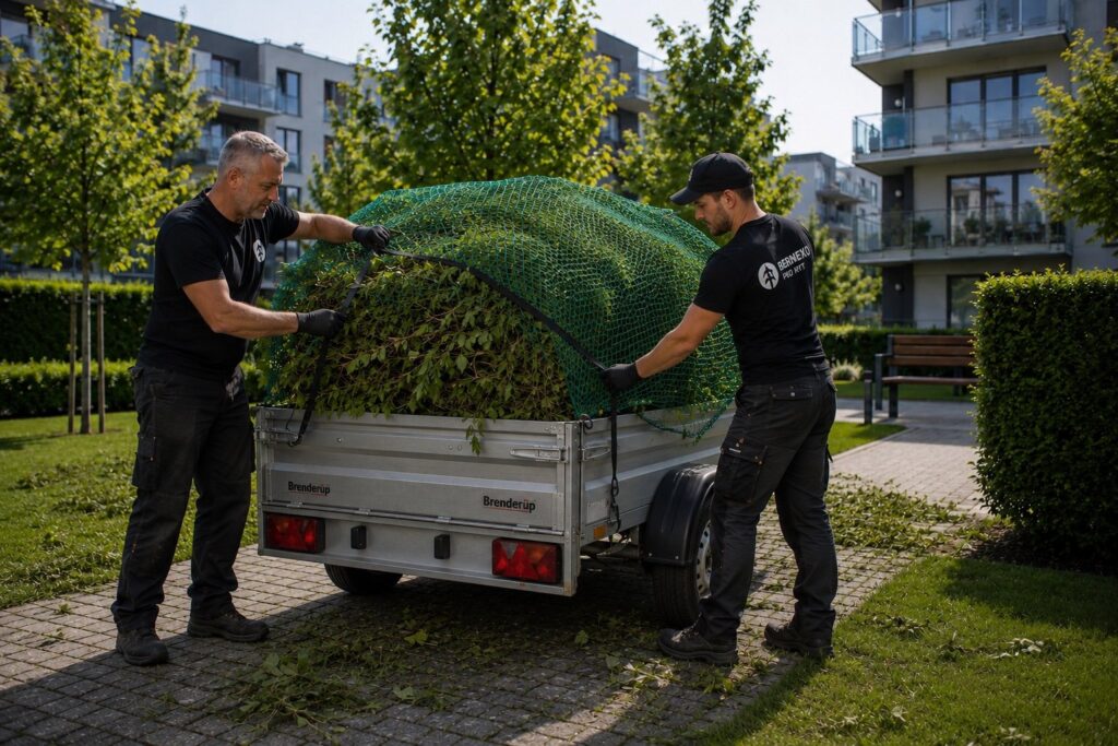 Faápolás és gallyazás során keletkezett zöldhulladék elszállítása lakóparki környezetben.
