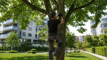 Alpin technikával végzett faápolás és gallyazás lakóparki környezetben Budapesten.