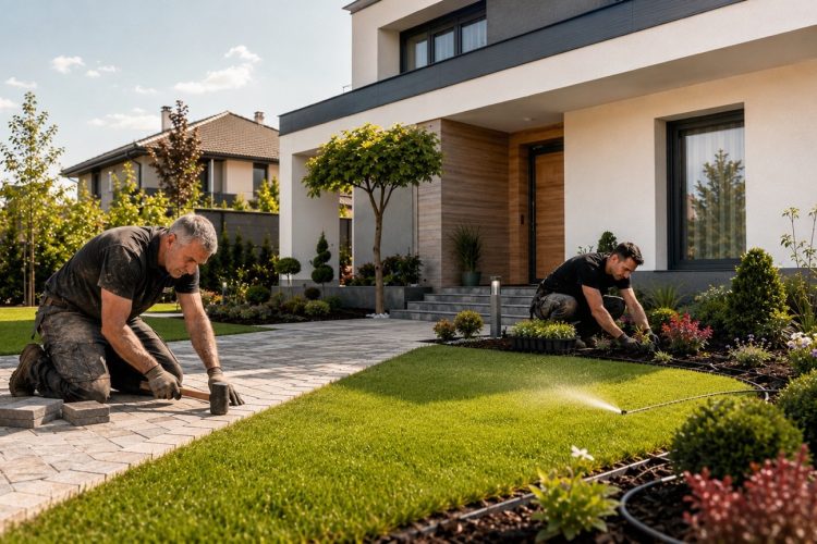Komplett kertépítés modern családi háznál térkövezéssel, növényültetéssel és gyepkialakítással.
